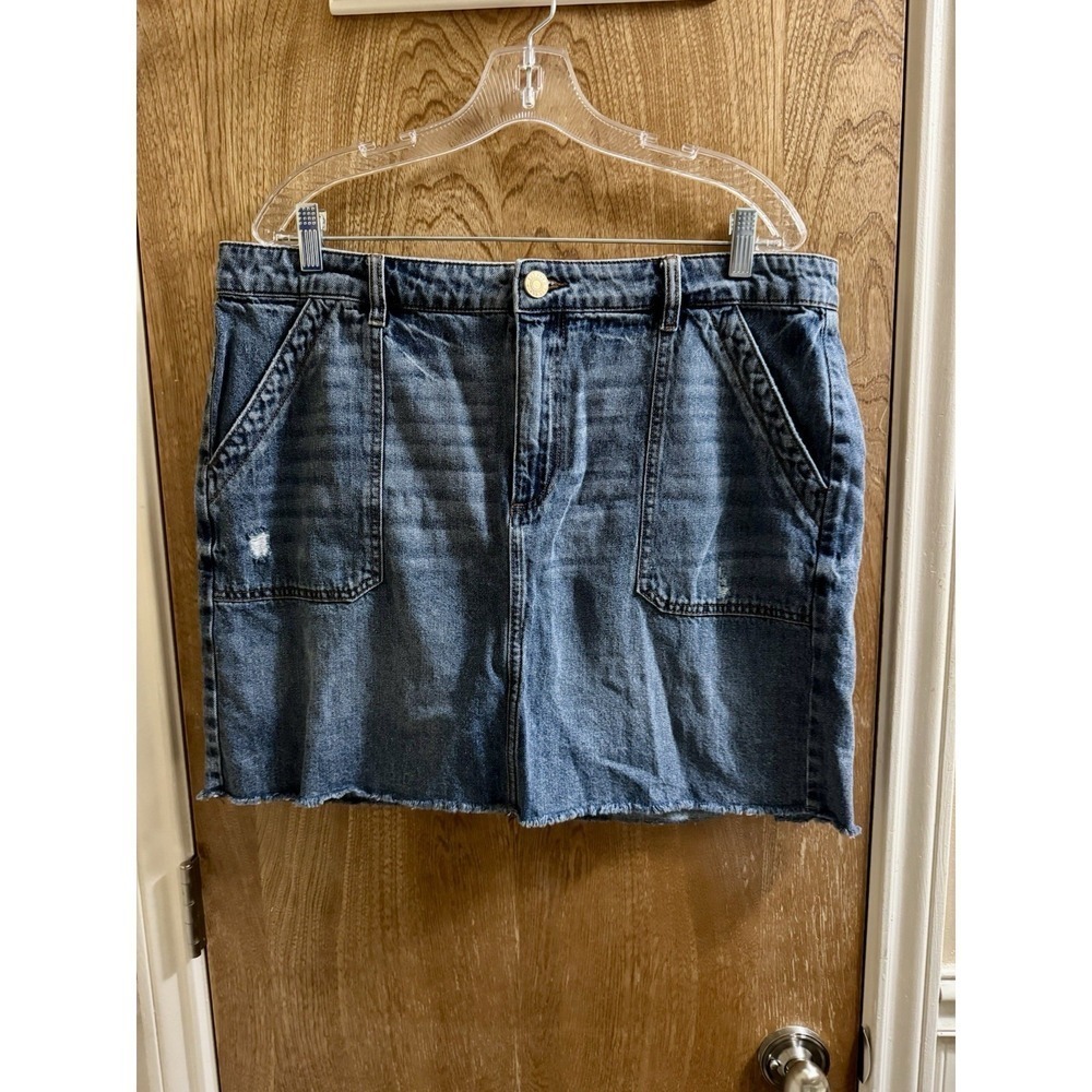 Kut From The Kloth Bristol Raw Hem Denim Skirt Square Pockets Distressed Sz 16